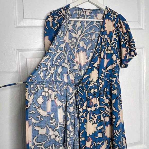 Knox Rose Floral Midi Dress Blue Tan Tiered Ruffle Short Sleeve XS - Picture 8 of 10